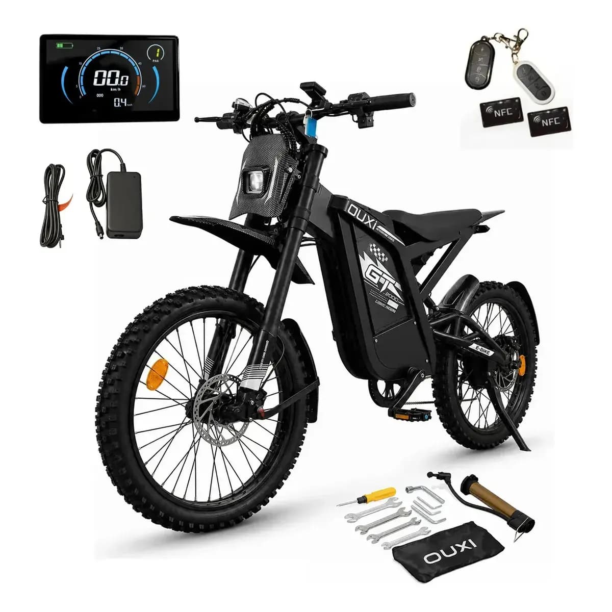 Bicicleta Elétrica OUXI GT2000 1000W 48V 30Ah Bateria Removível Lítio Aro 24 Off Road Adulto Freio Hidráulico Suspensão Autonomia 140km NFC Alarme Bike Elétrica Mobilidade Urbana Cinza Pneu Largo 24x3