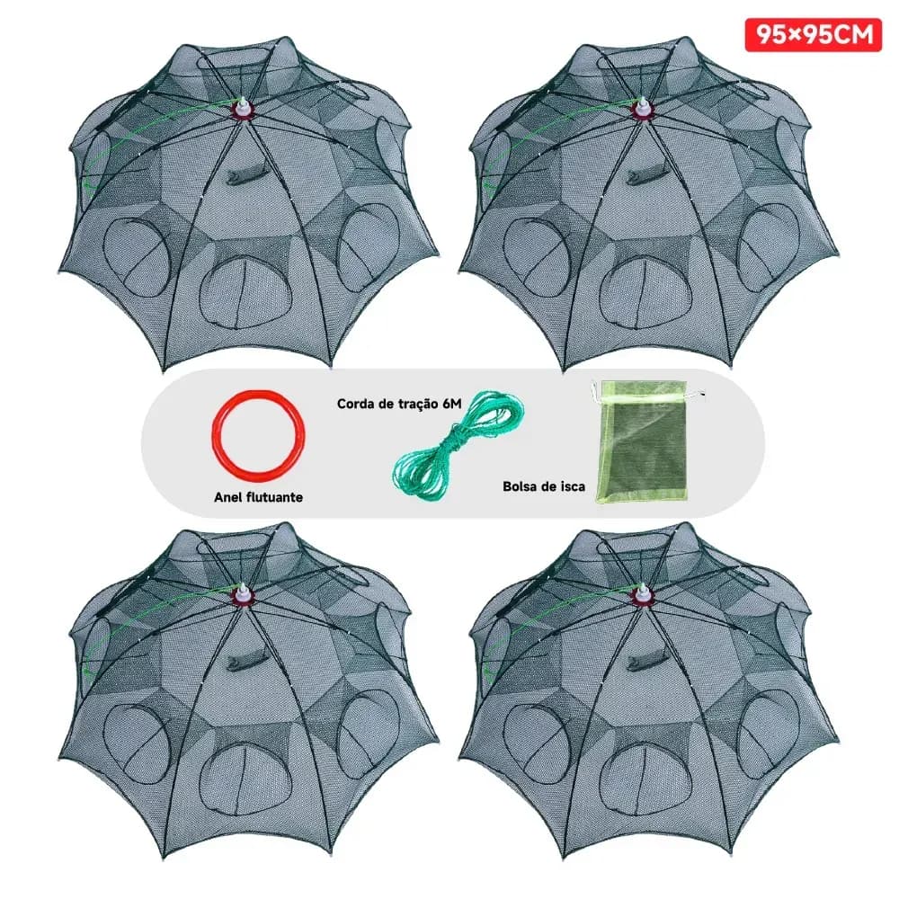 4pcs  Armadilha Covo Peixe Siri Iscas Vivas Lambaris Camarões 8 Entradas - 95cm Redes