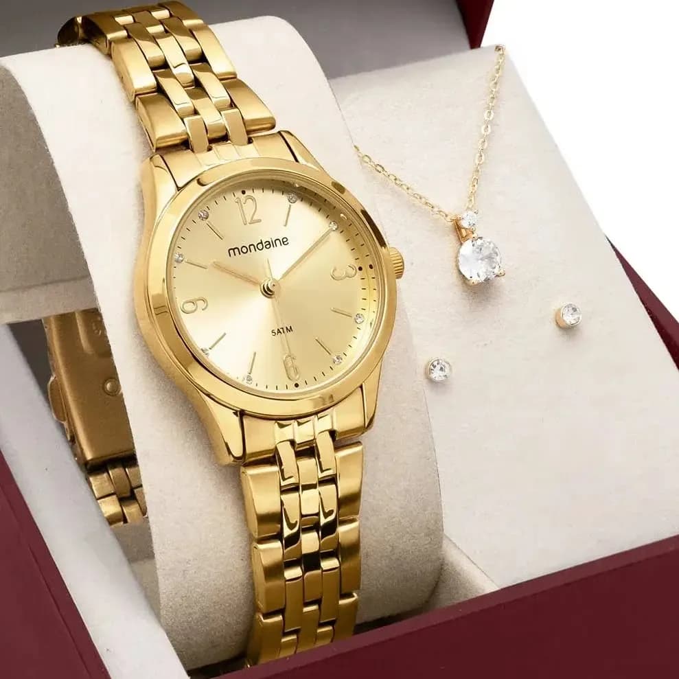 Kit Relógio Mondaine Feminino Dourado com Colar e Brincos de Cristal