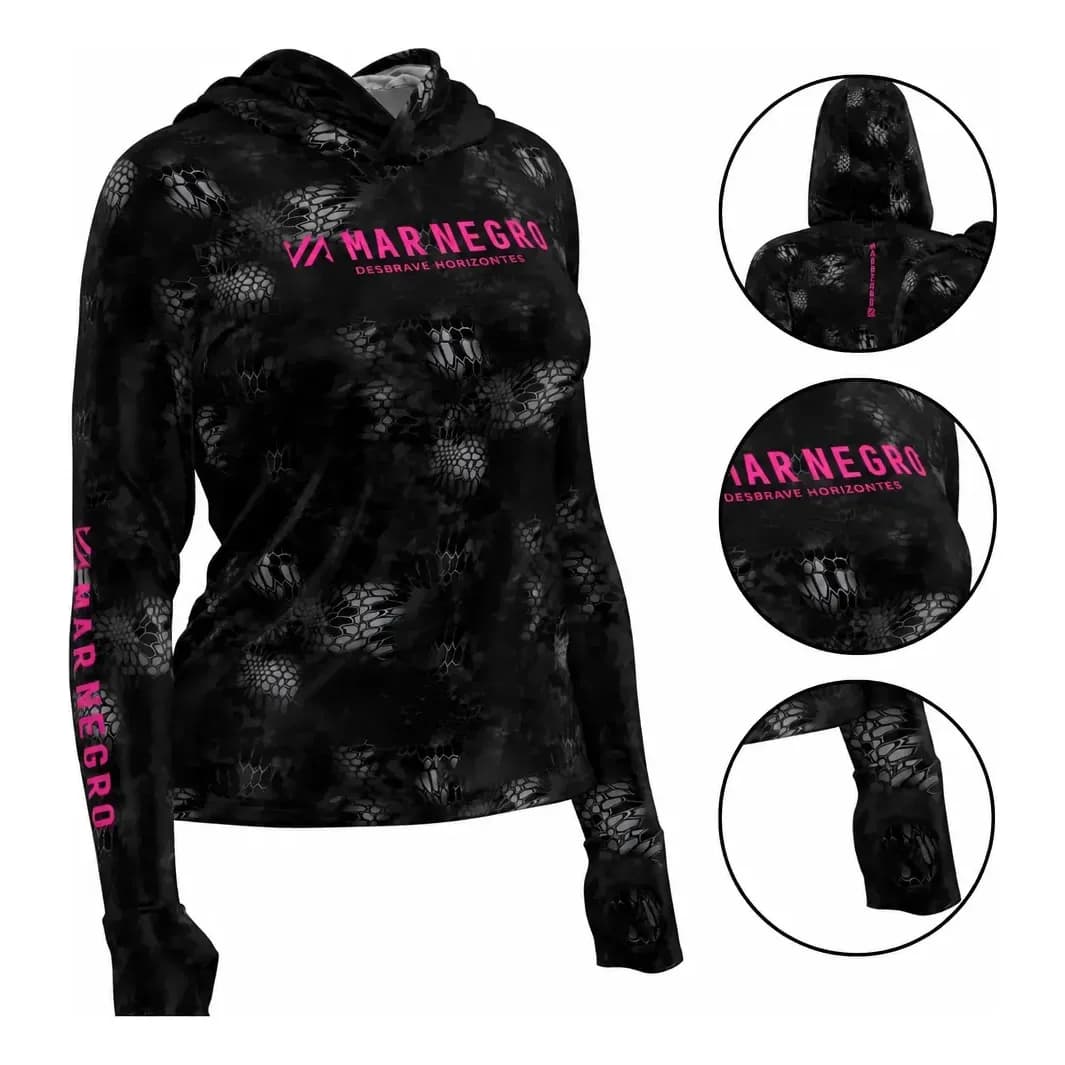 Camisa De Pesca  Feminina Proteção Uv Capuz Luva Mar Negro