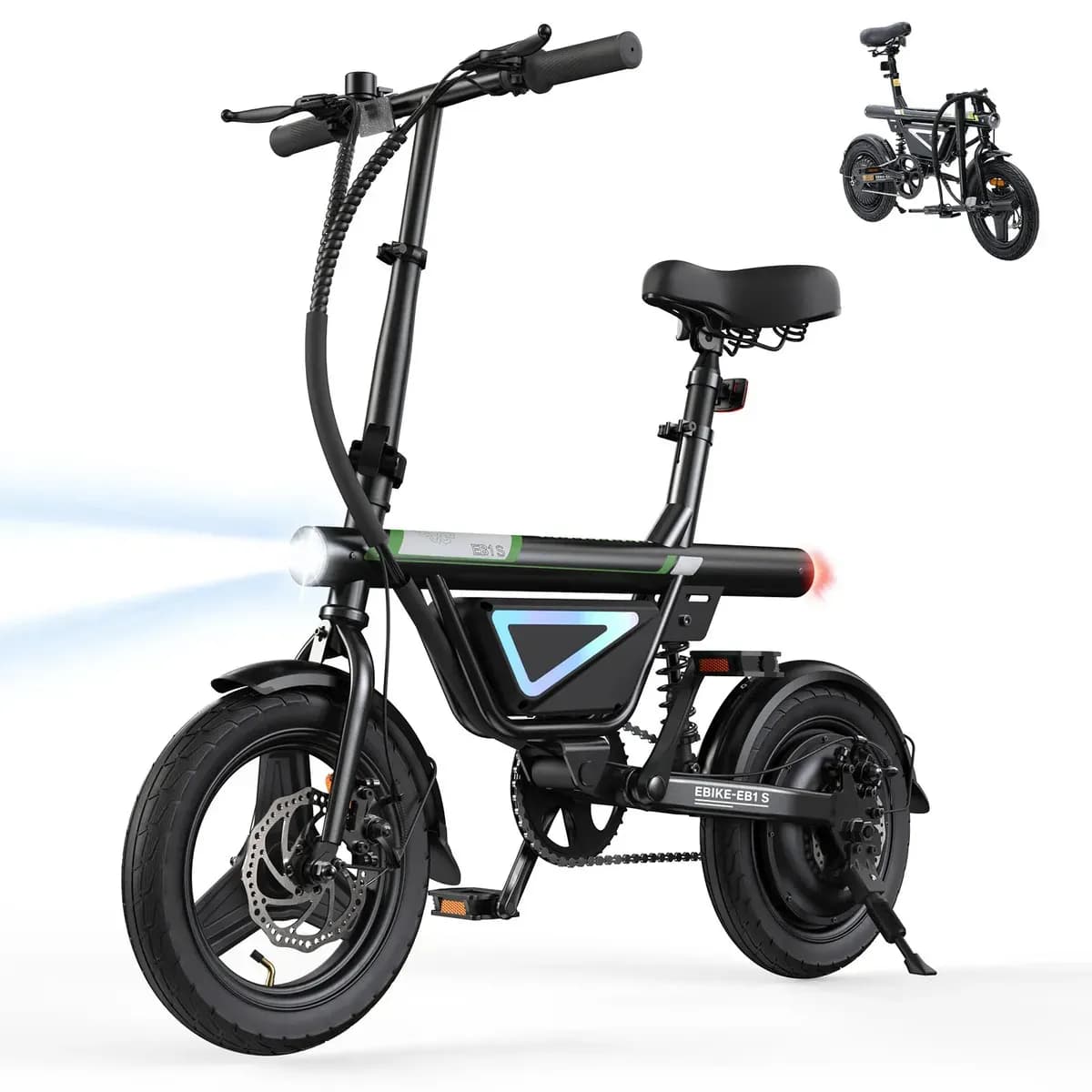 Bicicleta Elétrica Dobrável EB1S 500W, até 50km com Bateria 36V 12Ah, Suspensão Traseira, Display LCD, Farol LED e USB