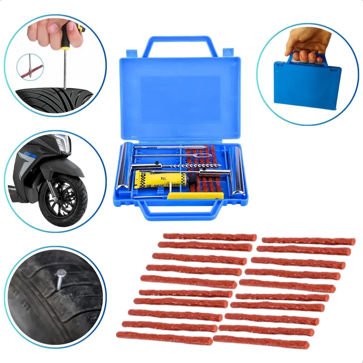 Kit Reparo Pneu Sem Câmara + Maleta 20 Remendos Moto E Carro