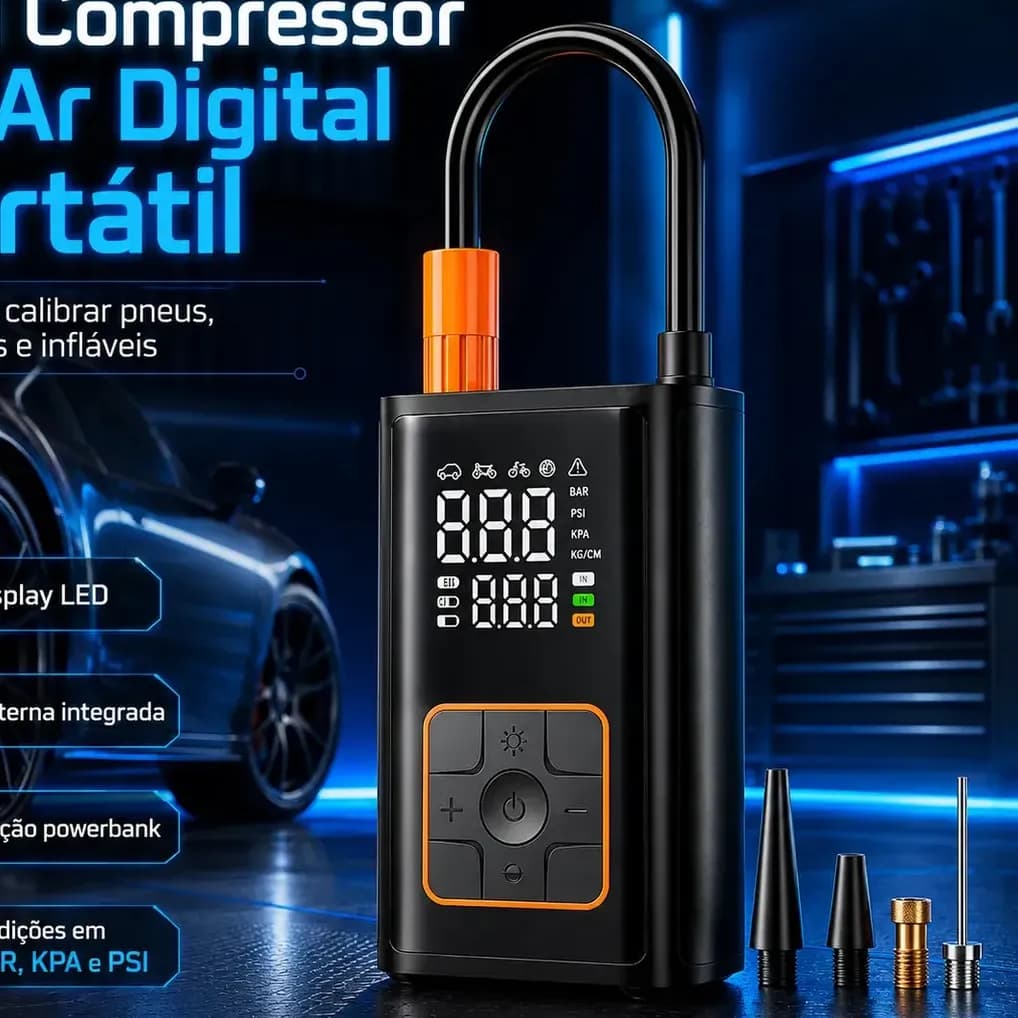 Mini Compressor Digital Portátil Bomba De Encher Pneus Bola Inflável Para Carro Moto Bicicleta Com Calibrador De Ar Preto