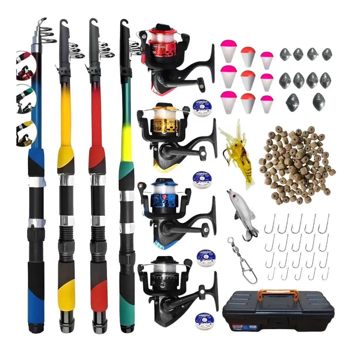 Kit Pesca Completo 4 Varas Telescópica + 4 Molinetes + Iscas