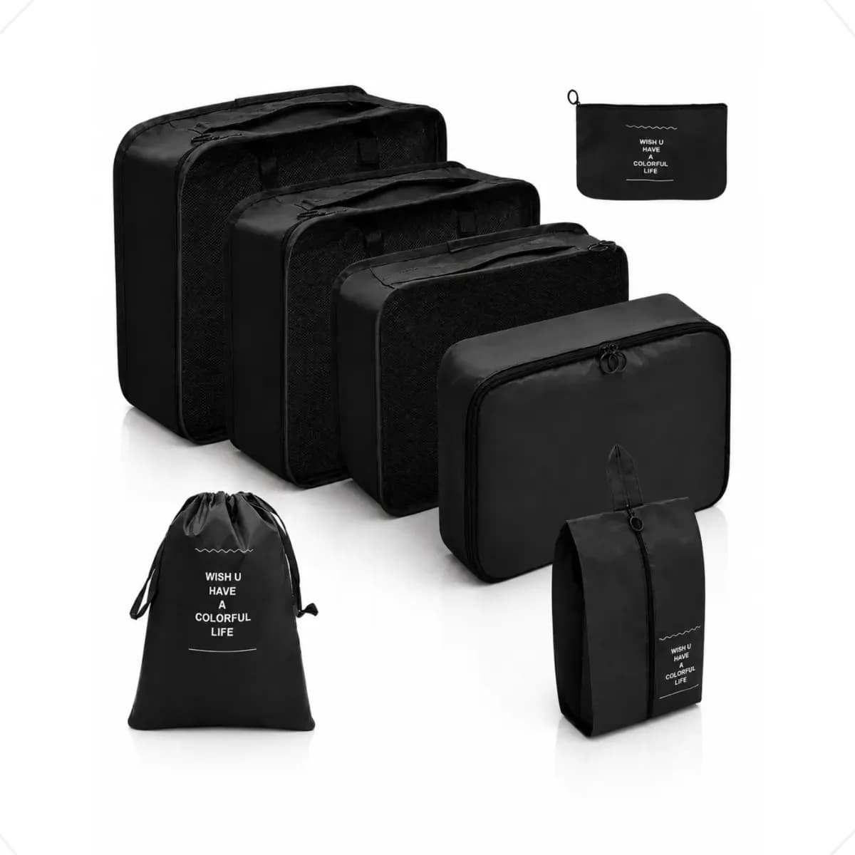 Kit Organizador De Mala Viagem Necessaire 7 Peça Impermeavel Preto 7 Peças