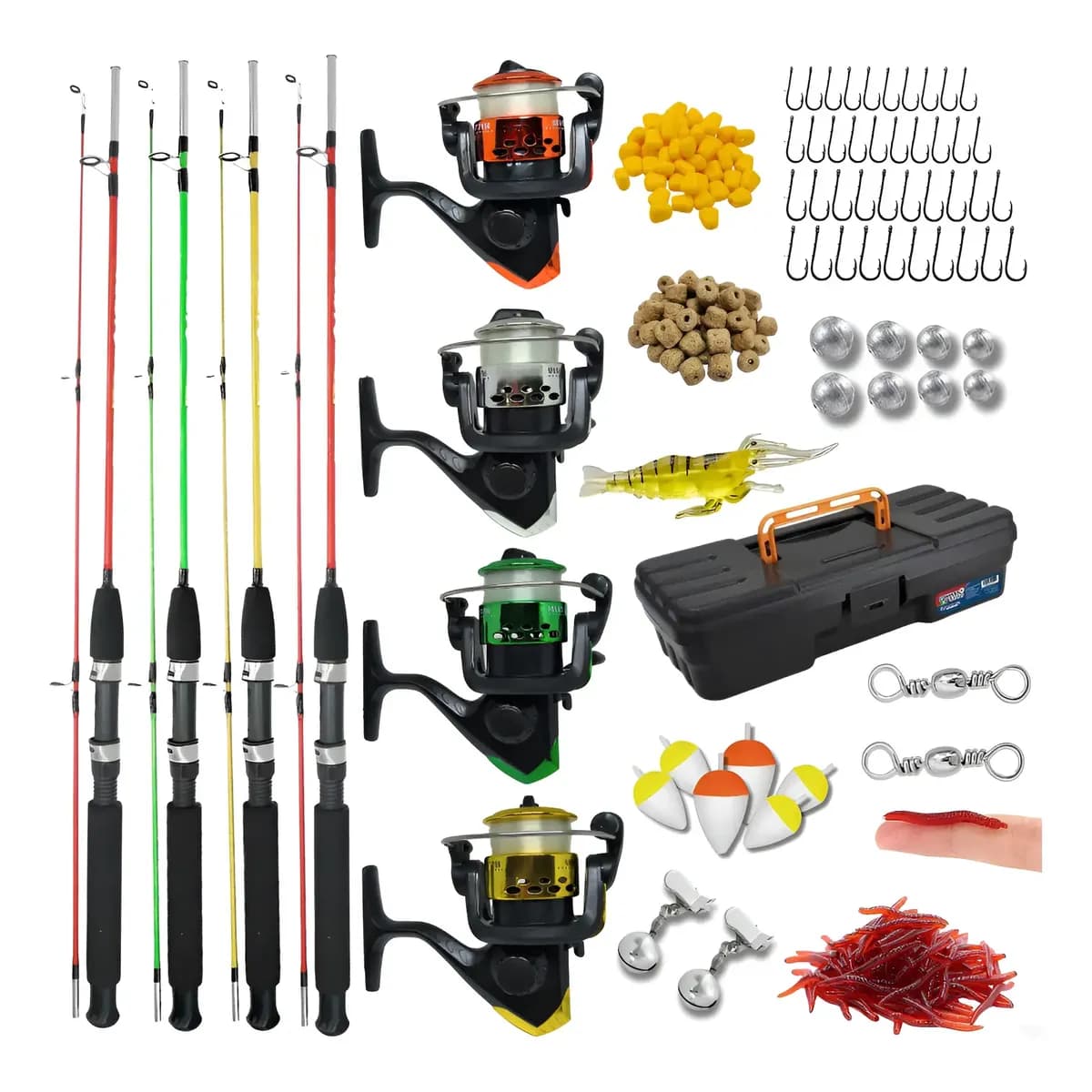 Kit Pesca 4 Varas 1,20m Média Ação Com Molinetes E  Maleta