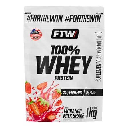 Whey Protein 100% Concentrado Refil 1kg Sabor Morango Milk Shake - FTW