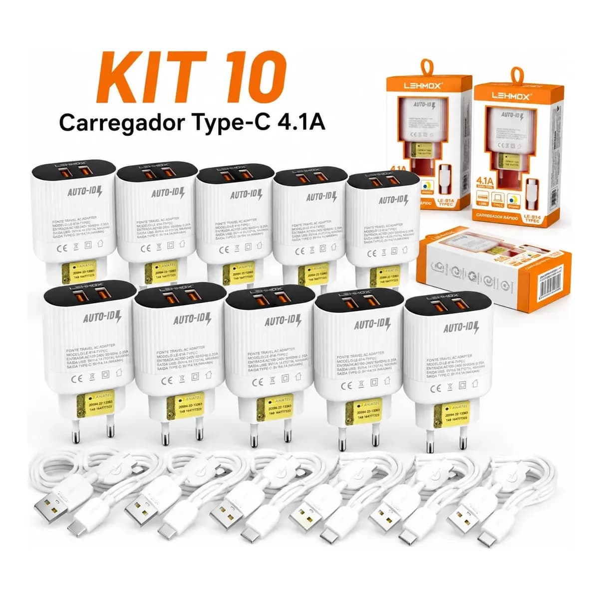 Kit 10 Carregadores Completo 4.1 Lehmox Atacado Com Nota Branco
