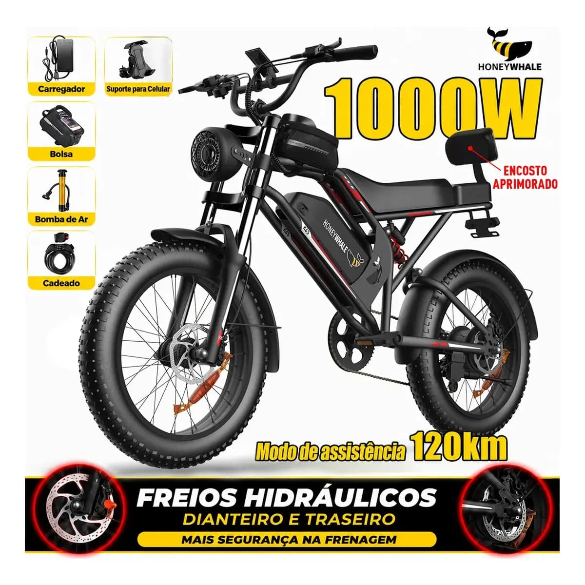 Bicicleta Elétrica Honeywhale K6S de 1000W para Adulto, Aro 20, com Bateria 15.6Ah e Freios Hidráulicos