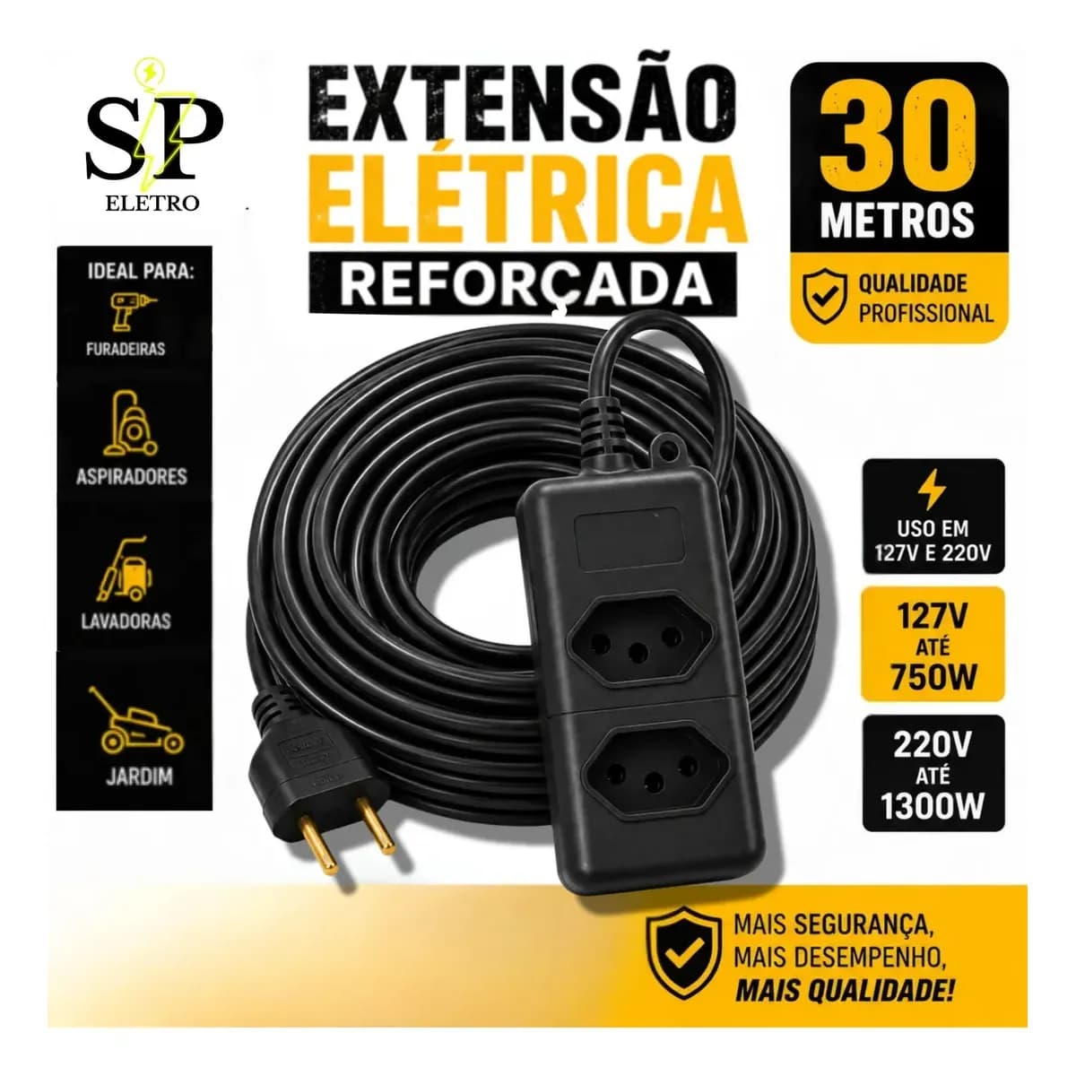 Extensão Elétrica Reforçada 30 Metros 10/20a Obra Profissional Tomada Em Barra Preto Eletro SP