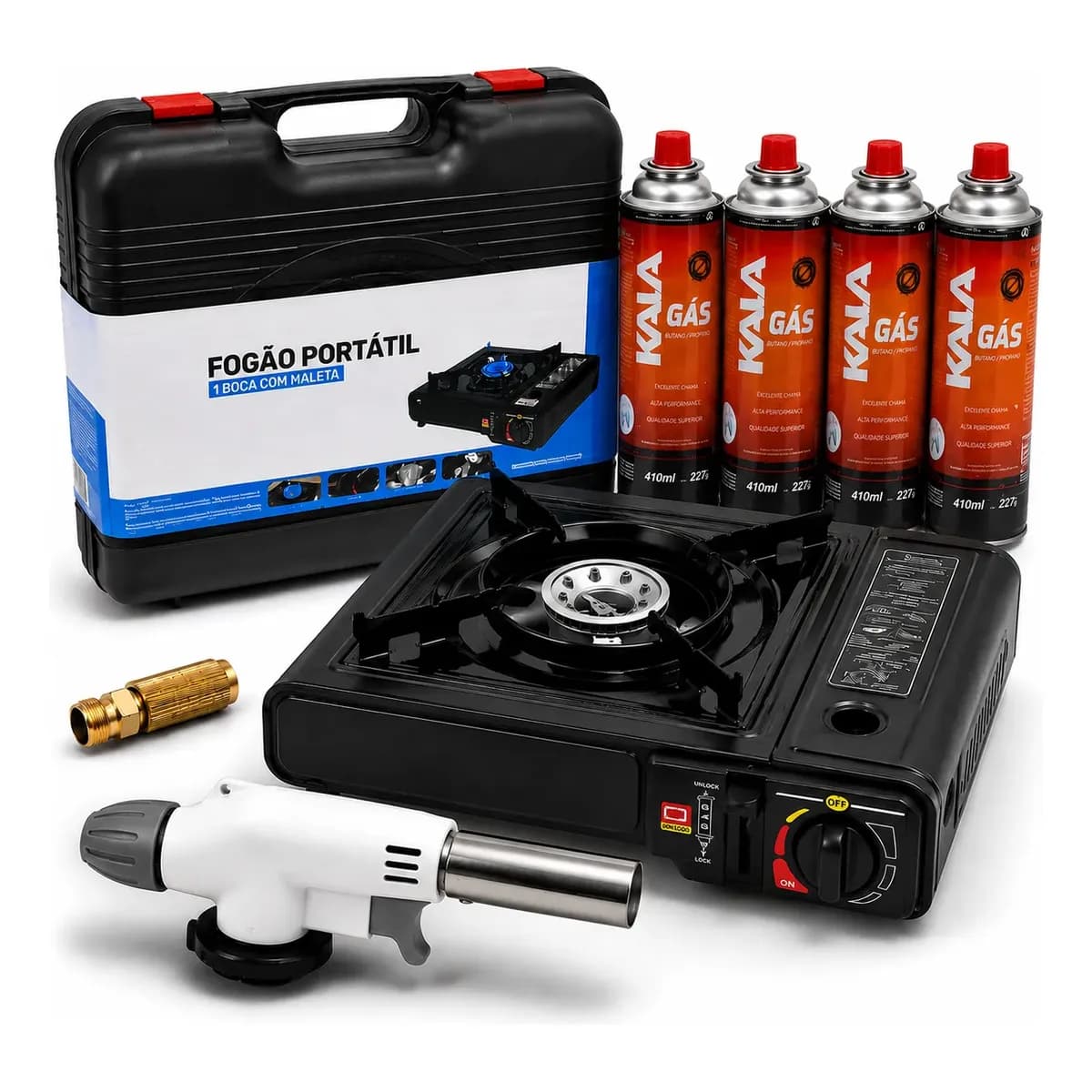 Kit Fogareiro Fogão Portátil Camping Com Gás E Maçarico 2.9 Kw
