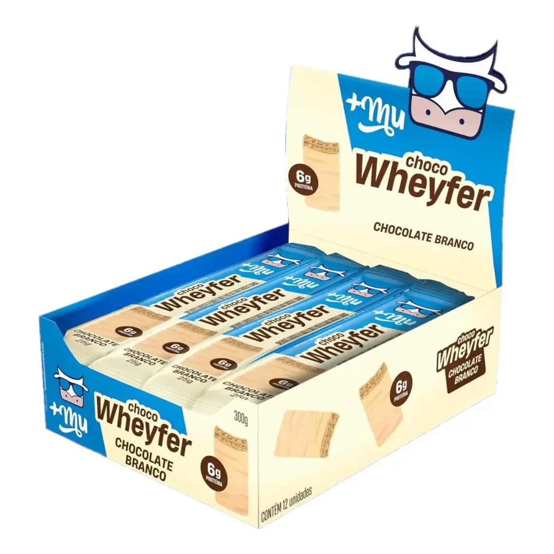 Proteína +Mu Chocowheyfer Baunilha em barra de proteína sabor Chocolate branco 12 un
