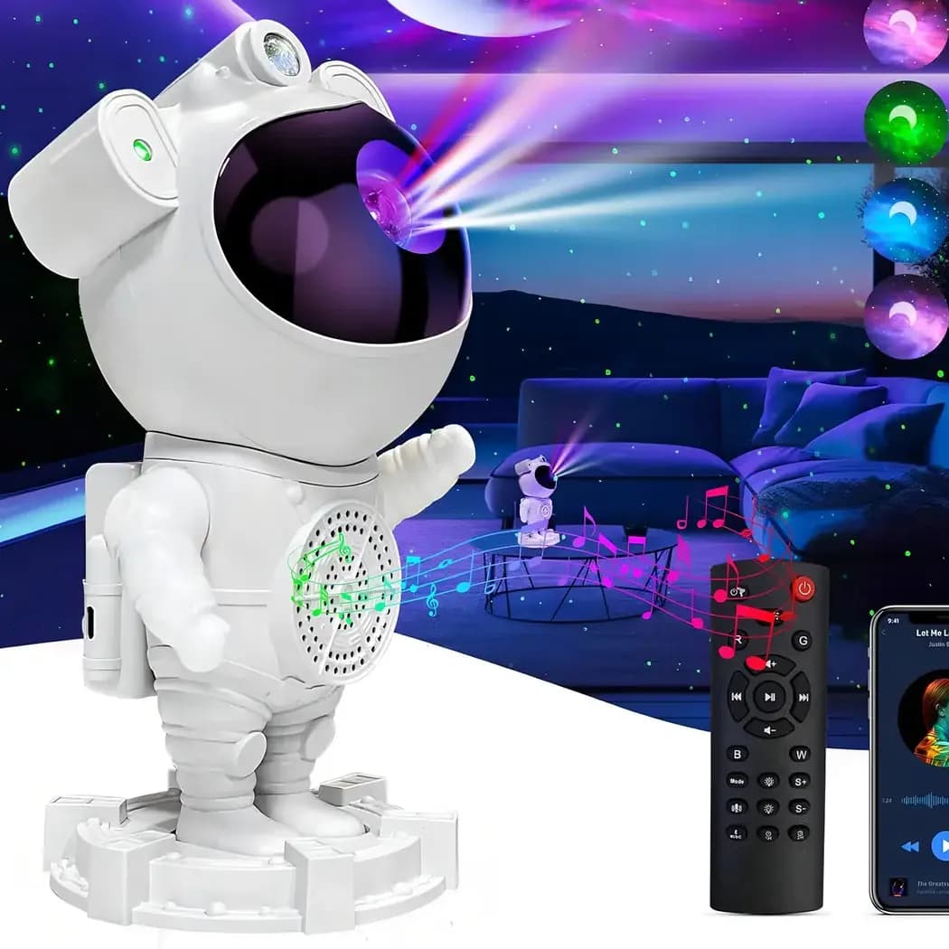 Luminaria Projetor Astronauta para Teto Galáxia com Caixa de Som Bluetooth
