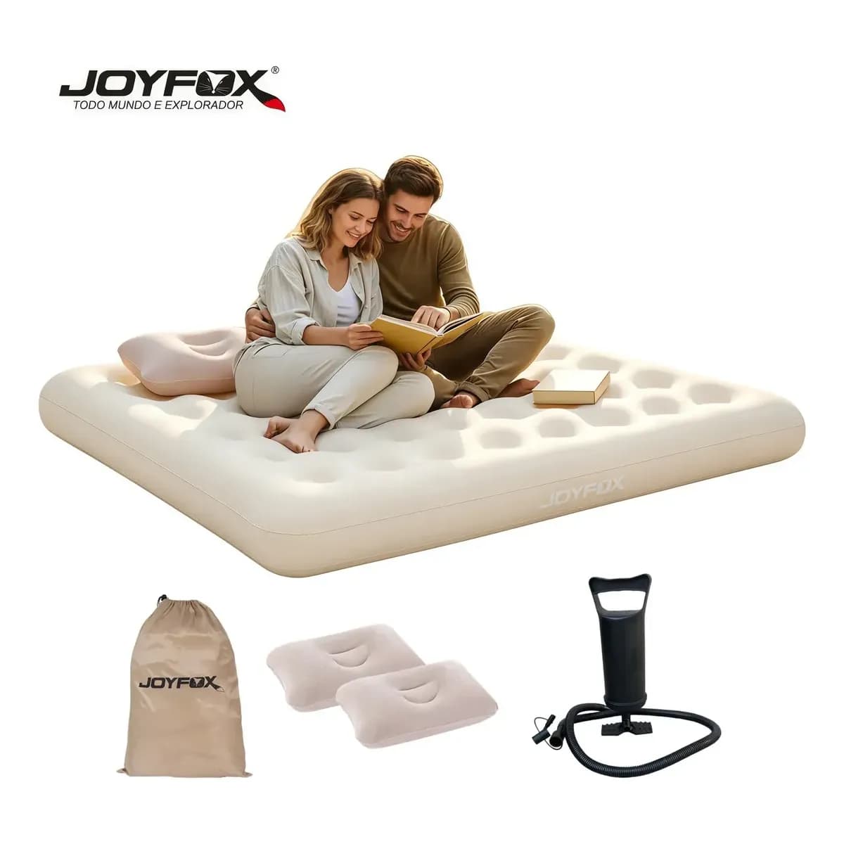 Colchão Inflável Casal Joyfox 19113722cm com Bomba Manual e Kit Reparo Incluindo 2 Travesseiros Cor Creme