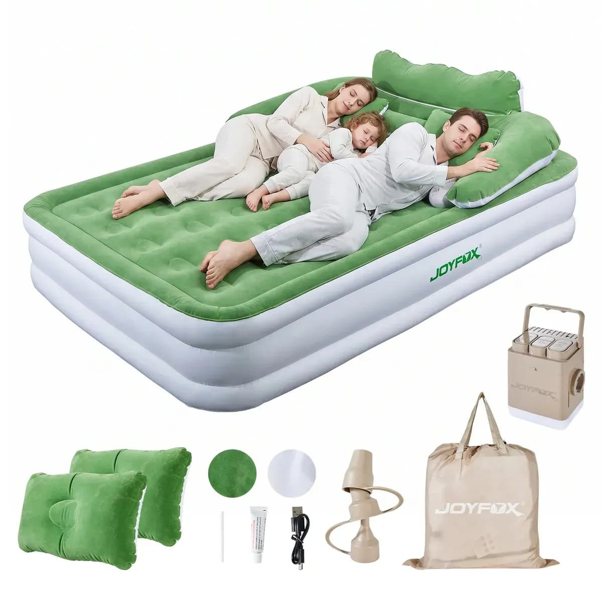 Colchão Inflável Queen Casal Joyfox Com Encosto Removível E Bomba Elétrica Recarregável Embutida Cama Inflável Camping Suporta 300kg
