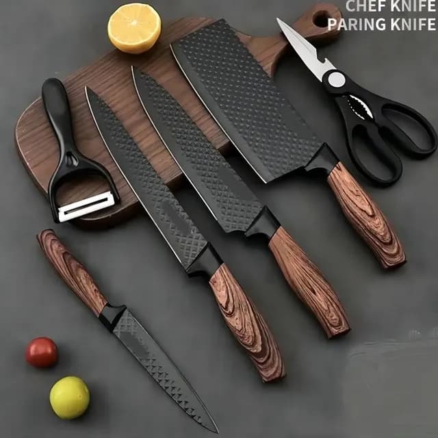 Kit Jogo De Facas Inox Corte Afiado Antiaderente Presente Cor Marrom-escuro