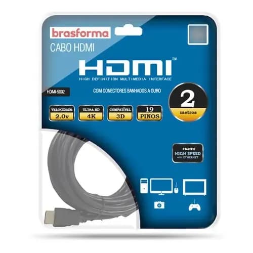 Cabo Hdmi Brasforma Alta Definição Ultra Hd 2.0 4k 2 Metros