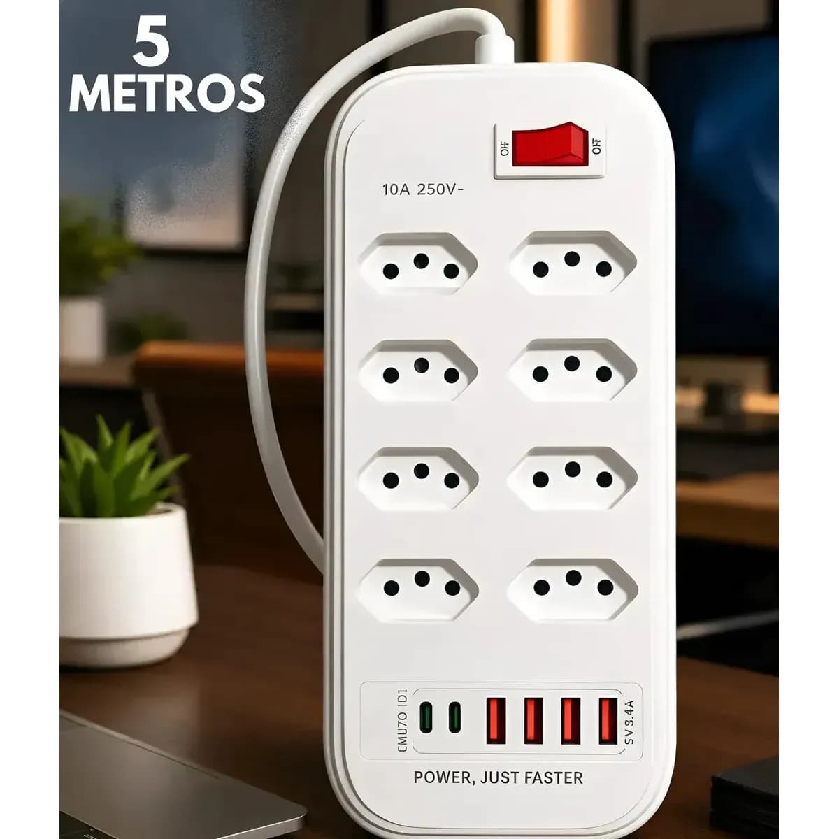Extensão Régua Filtro De Linha Cabo De 5 Metros Com Protetor Energia Elétrica Com 8 Tomadas 10a E 2.500w, Com 4 Usb E 2 Tipo-c Bivolt - Black Raipe Branco