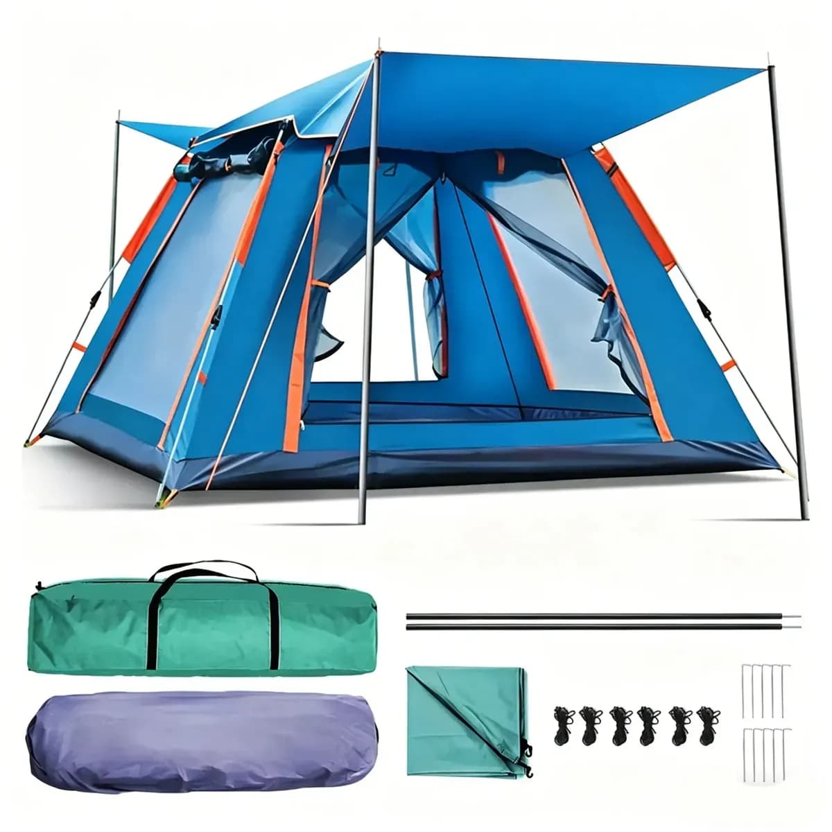Tenda De Camping Automática De Grande Capacidade, 240240155cm, Proteção Solar Upf 50+, Impermeável, Acomoda De 5-8 Pessoas Azul