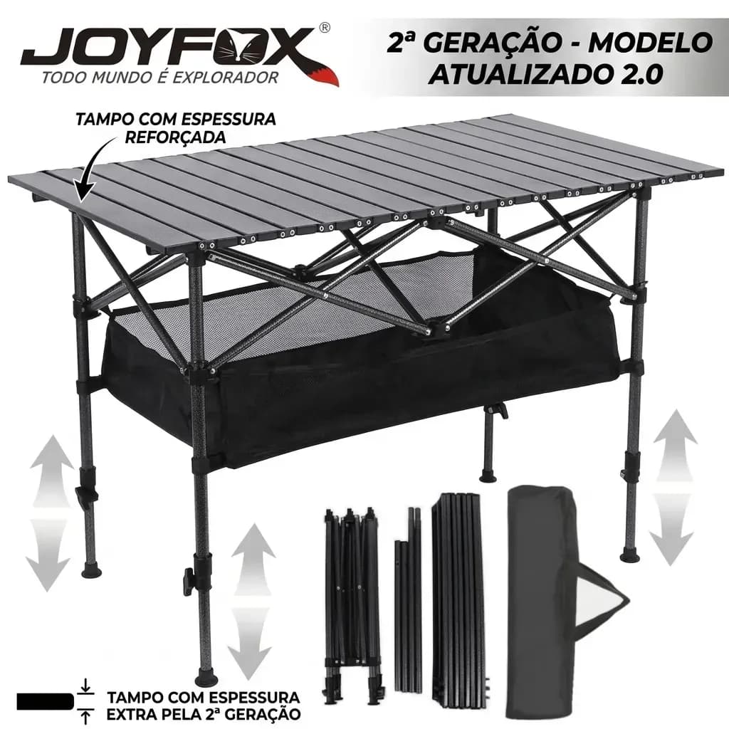 Mesa Camping Dobrável Joyfox Versão G2 Altura Regulável 50-80cm Grande 120x55cm Tampo Reforçado Com Bolsa Oxford Suporta 100kg