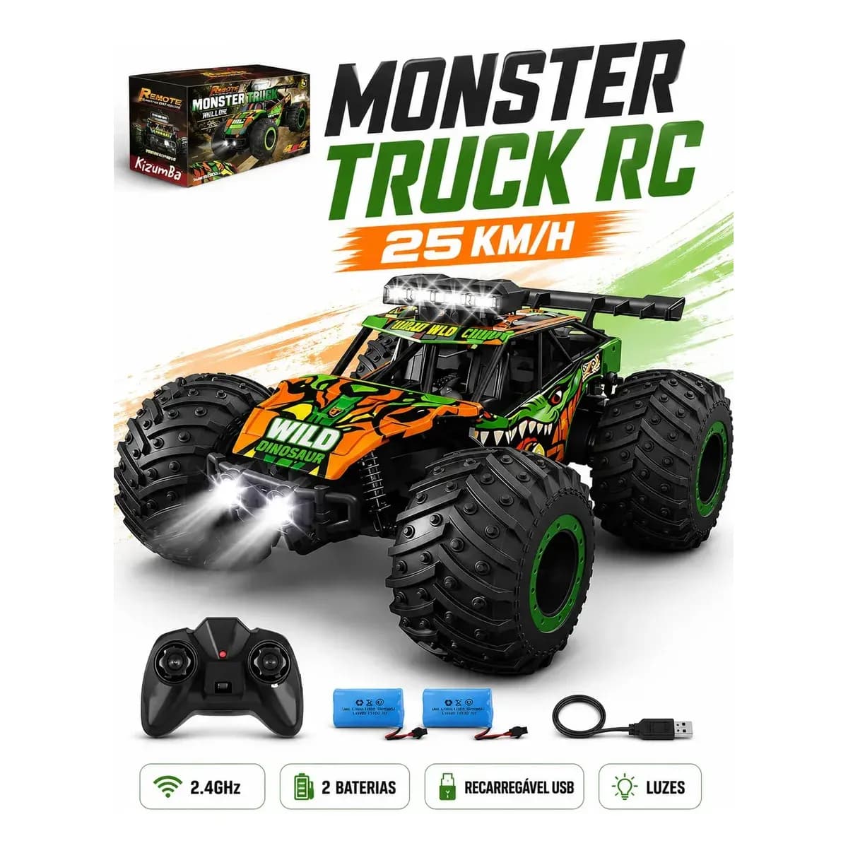 Carrinho Controle Remoto 2.4Ghz Off Road Monster Truck Alta Velocidade 25km/h Resistente Super Rápido Recarregavel Com 2 Baterias Kizumba