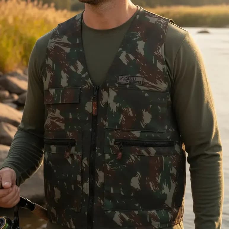 Colete De Pesca Caçador Tatico Adventure Camuflado 3 Bolsos