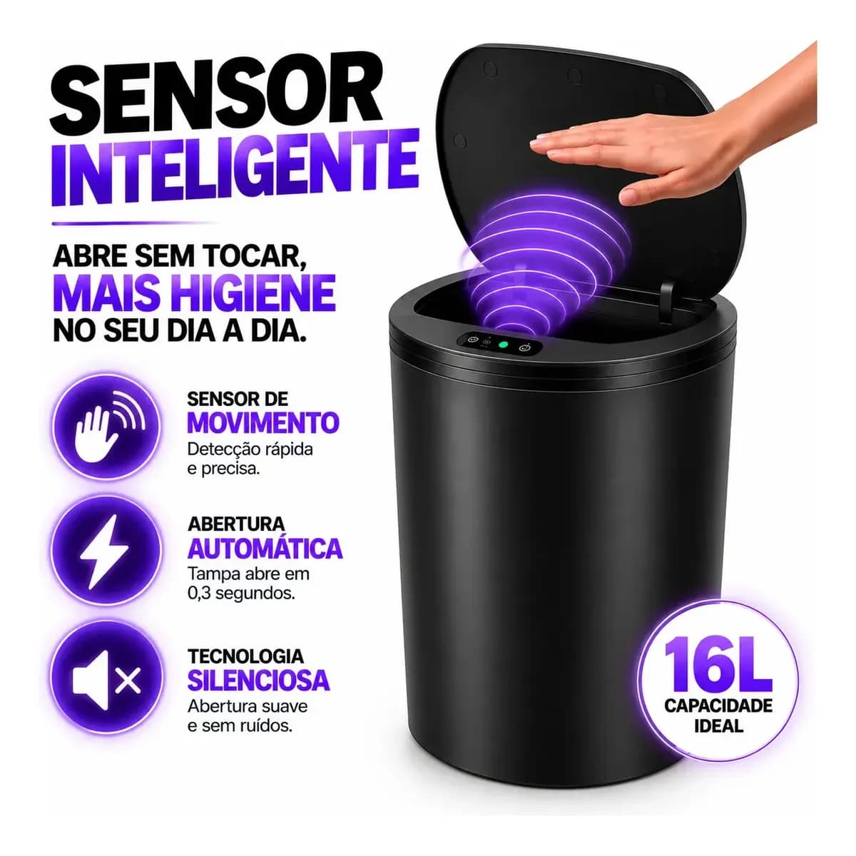 Lixeira Inteligente Redonda 16L Automática com Sensor Recarregável USB‐C