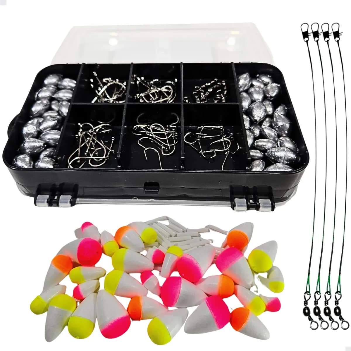 Kit Pesca Completo Estojo Chicote Anzol Boia Chumbada Girado