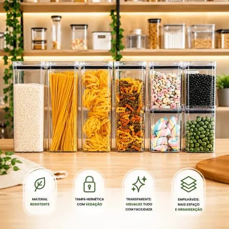 Kit 8 Potes Herméticos Mantimentos Quadrado Cozinha Tampa Vedação Hermética ​Amobox