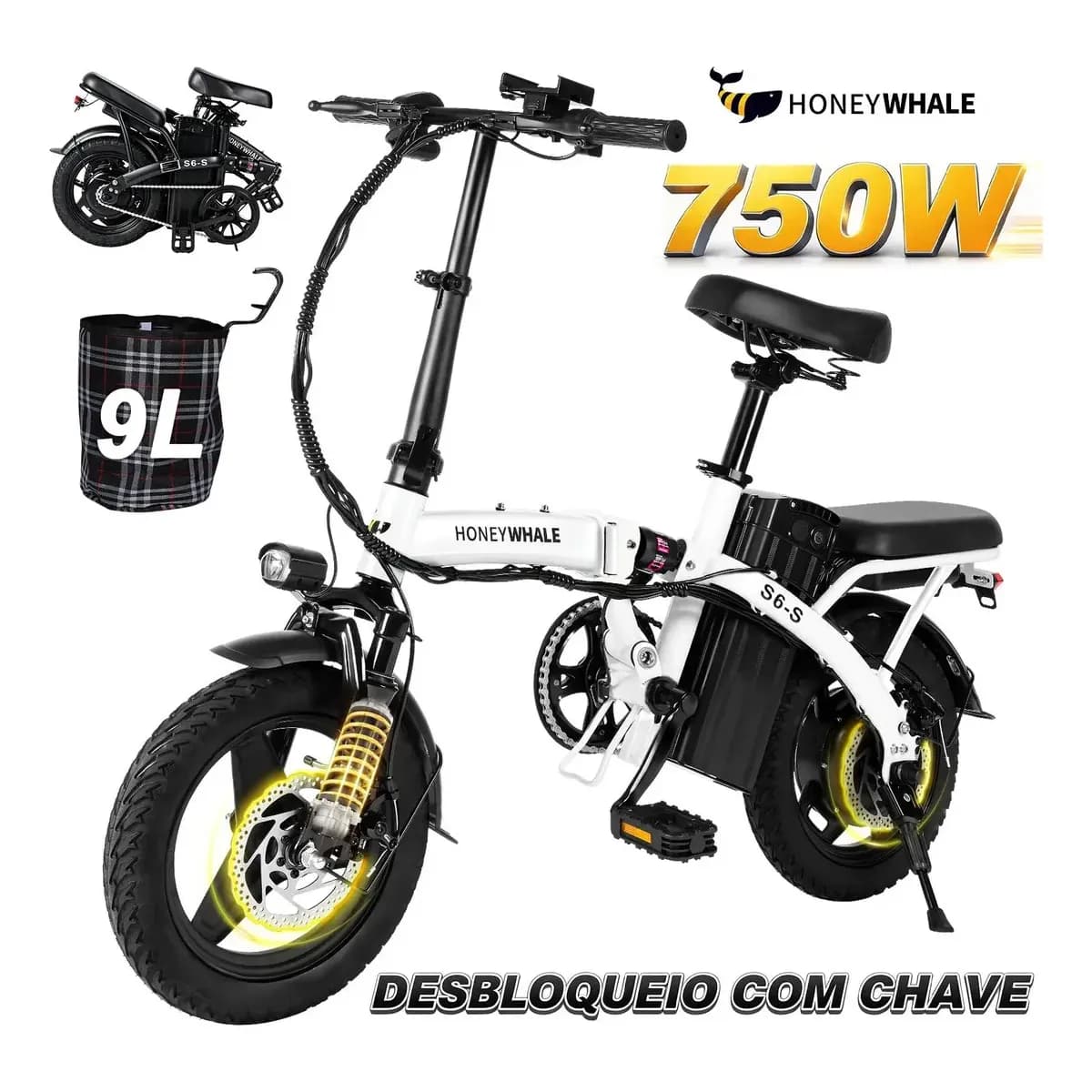 Bicicleta Elétrica HONEYWHALE S6-S 750W 40KM 35KM/H 125KG Scooter Ebike Adulto