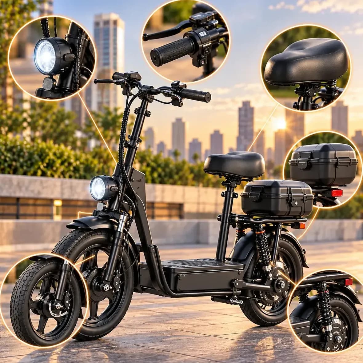 Bicicleta Elétrica 500W 48V Bateria de Lítio Dobrável com Banco Baú Traseiro Farol Freio Hidráulico Aro 14 Velocidade 32km/h Autonomia Até 25km Preta Mobilidade Urbana
