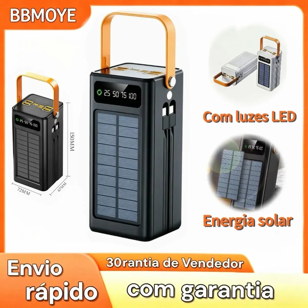 Carregador Portátil Solar 50000mah Power Bank Branco Usb + Tipo-c Carga Rápida Led Dupla Saída Bateria Externa Alta Capacidade Para Celular