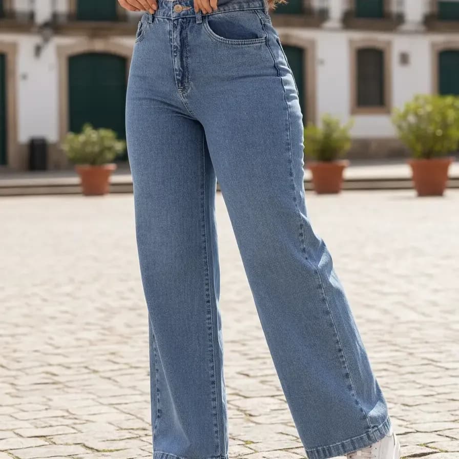 Calça Jeans Pantalona Wide Leg Barra Larga Cintura Alta 100
