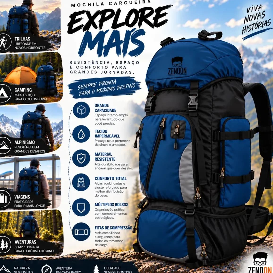 Mochila Cargueira Esportiva Zeno oN 90L para Viagem e Camping, com Proteção Lombar Azul-Marinho