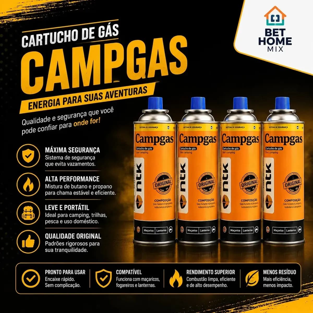 Kit Camping Gás De Maçarico Fogareiro 4 Latas Refil Ntk 227g Laranja