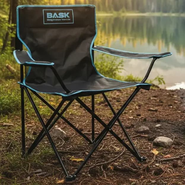 BASK Cadeira Dobrável Portátil Reforçada com Suporte 180kg | Alça de Ombro Integrada | Porta-copo | Conforto e Espaço Ampliado para Camping, Praia e Pesca Cor Preto Com Azul