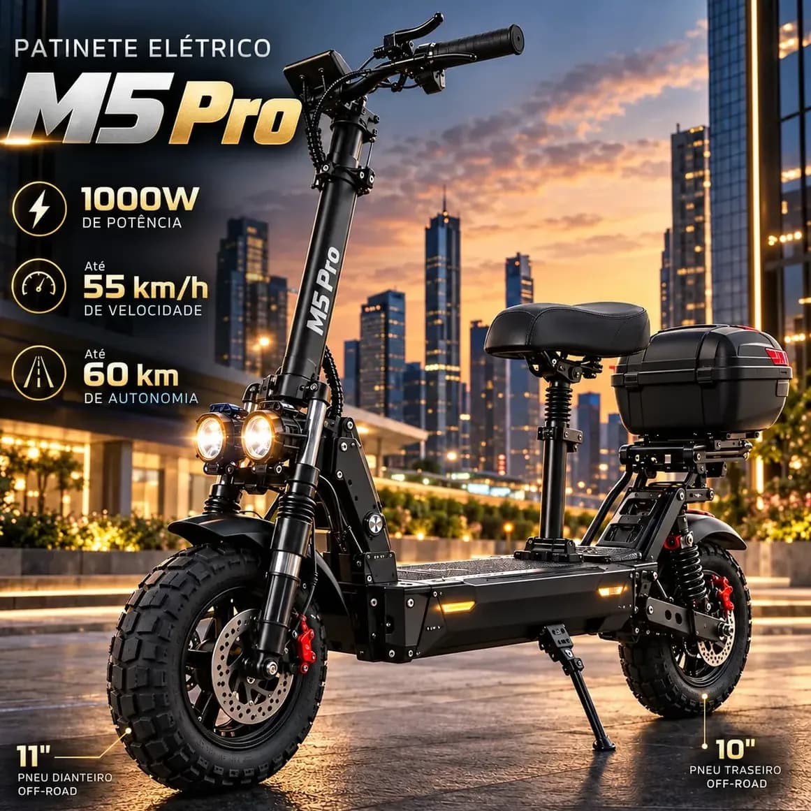 Patinete Elétrico M5 Pro 1000W 55km/h 60km Autonomia 48V 15Ah Dobrável com Assento Baú Suspensão Dupla 120kg
