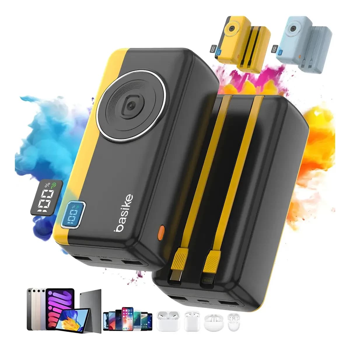 Power Bank Basike 30000mAh com Carga Rápida 22.5W e Cabos Integrados, para iPhone e Android