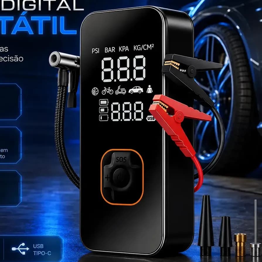 Bomba Elétrica Portátil Digital Para Encher Pneu De Carro Moto Bicicleta Inflador Automotivo Cor Preto