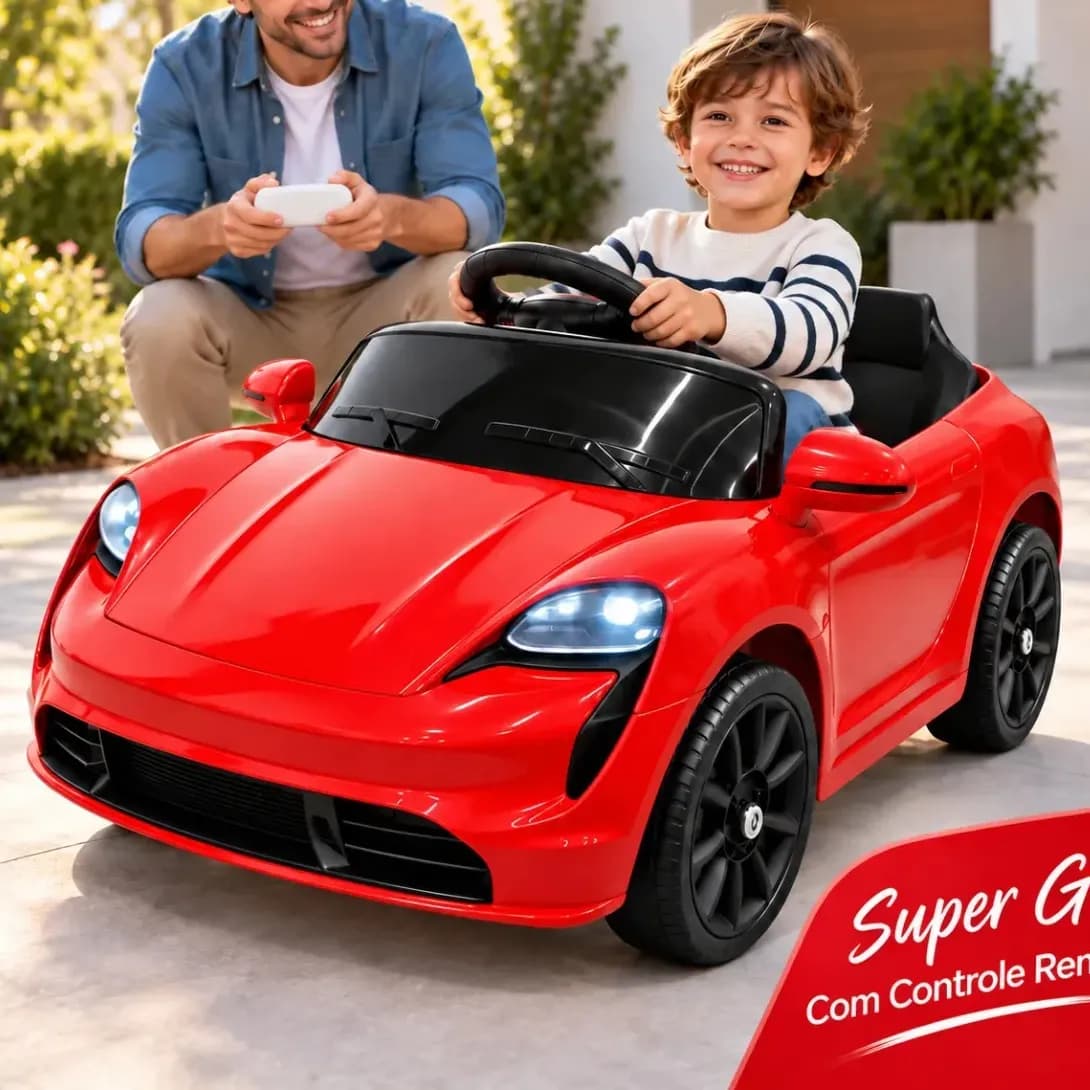 Carrinho Elétrico Infantil 6v Vermelho Com Controle Remoto Luz Som USB Pedal Acelerador Frente E Ré 380w