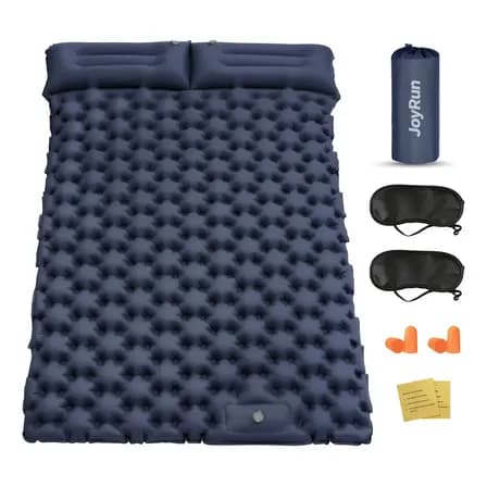 Colchão Inflável Camping Duplo Azul 195X130X8Cm Suporta 300Kg Com Bomba Infladora Embutida, Kit Com Travesseiros, Máscaras, Tampões, Remendo Reparo E Bolsa Portátil