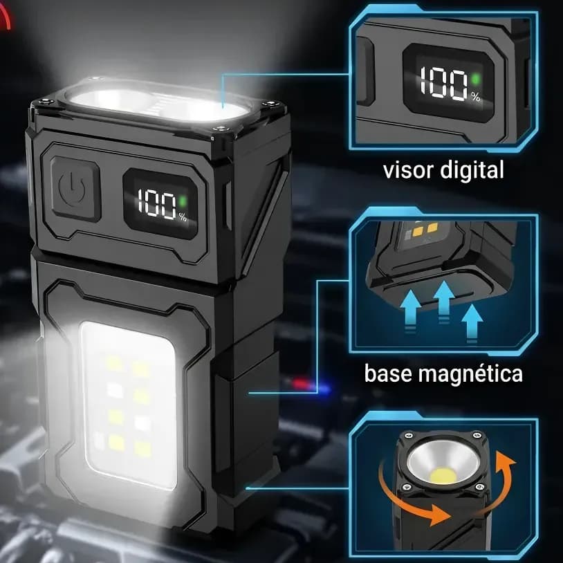 Lanterna Recarregável Portátil Com Clipe E Ímã Visor Digital Branco Preto