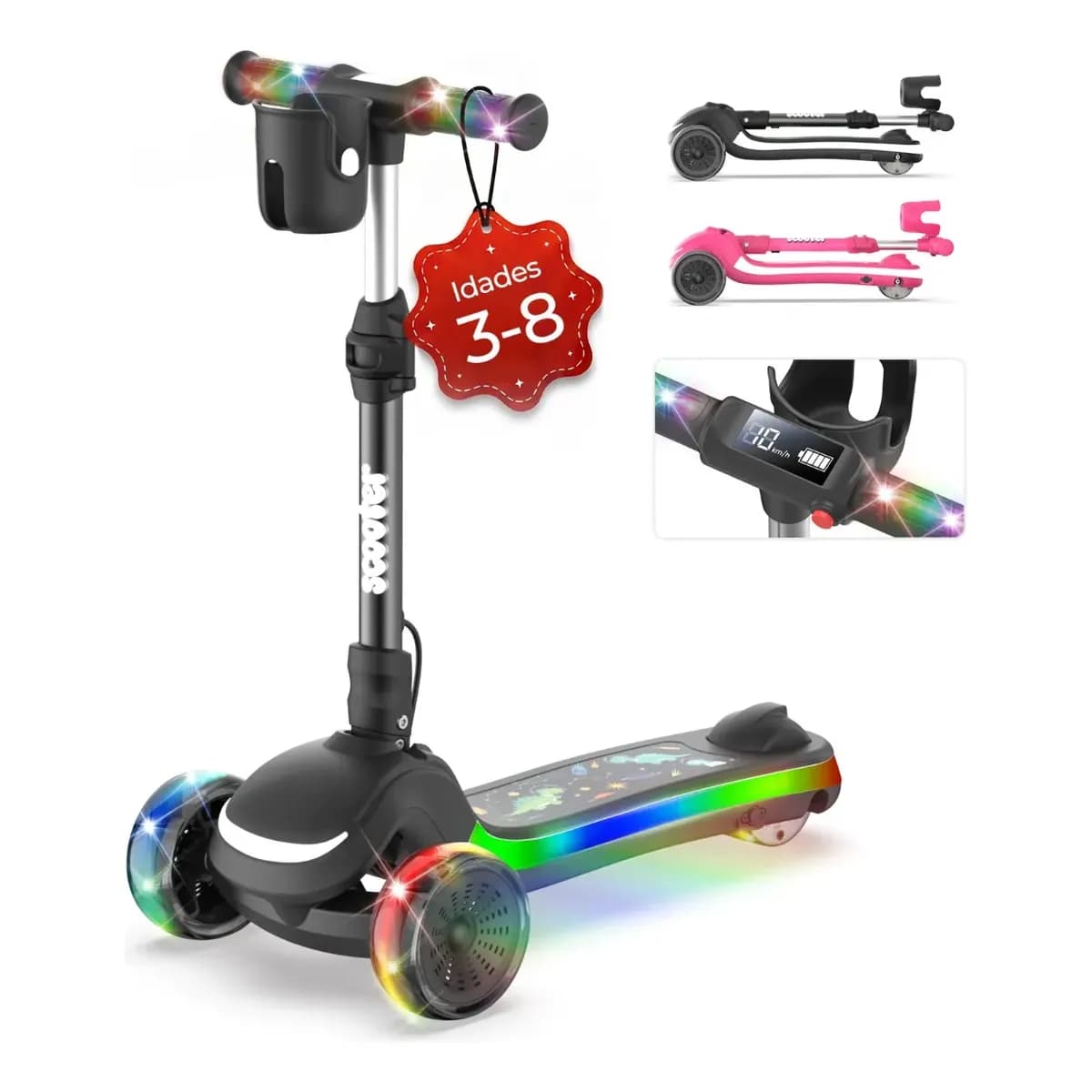 Patinete Elétrico Infantil Dobrável Com Bluetooth 100w 11km Preto