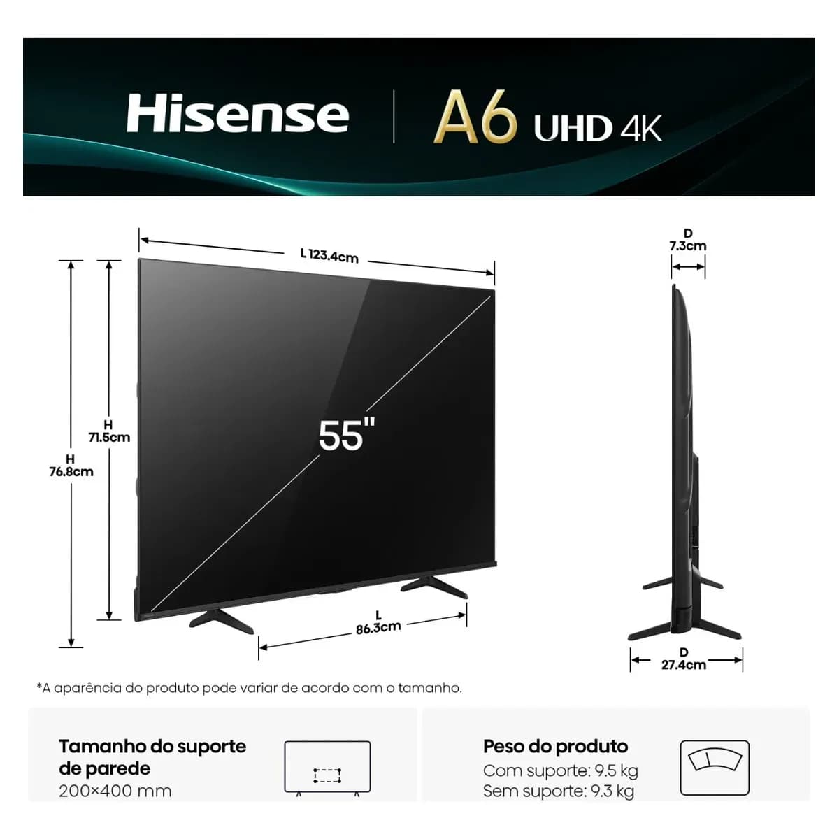 Hisense Smart Tv 4K 55" Polegadas 55A6nv com Dolby Vision, Hdr10, Hlg, Dolby Gaming, Film Maker, Dts Virtual X, Compatibilidade Alexa e Google Home