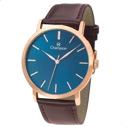 Relógio Champion Masculino Analógico Rose Gold com Pulseira de Couro Marrom ​e Mostrador Azul