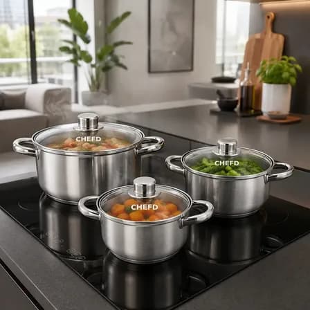 Jogo de Panelas ​Chef D Inox 3 Peças com Tampa de Vidro p/ Indução