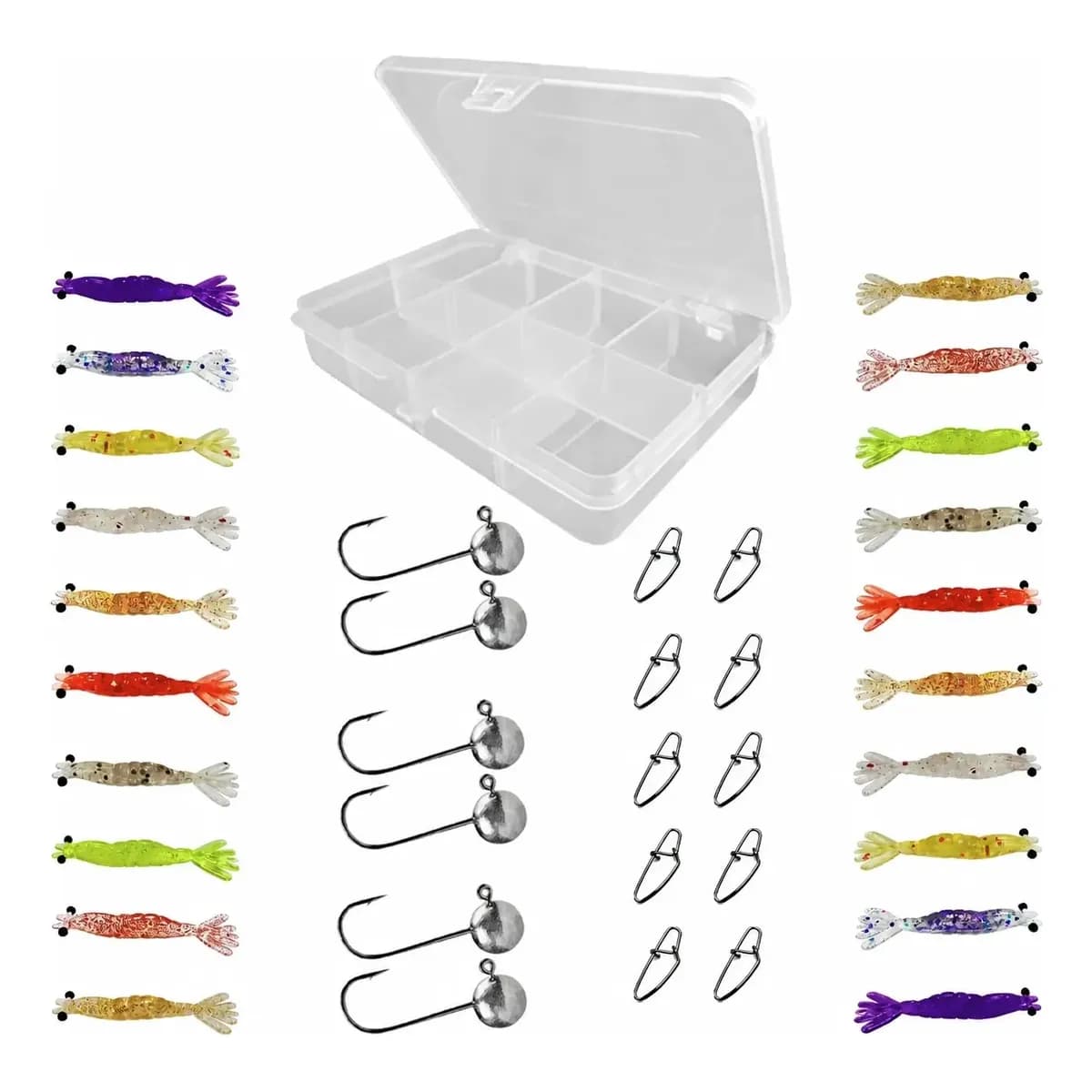 Kit 37Pçs Micro Camarão 4,5cm + Jig + Estojo + Snap