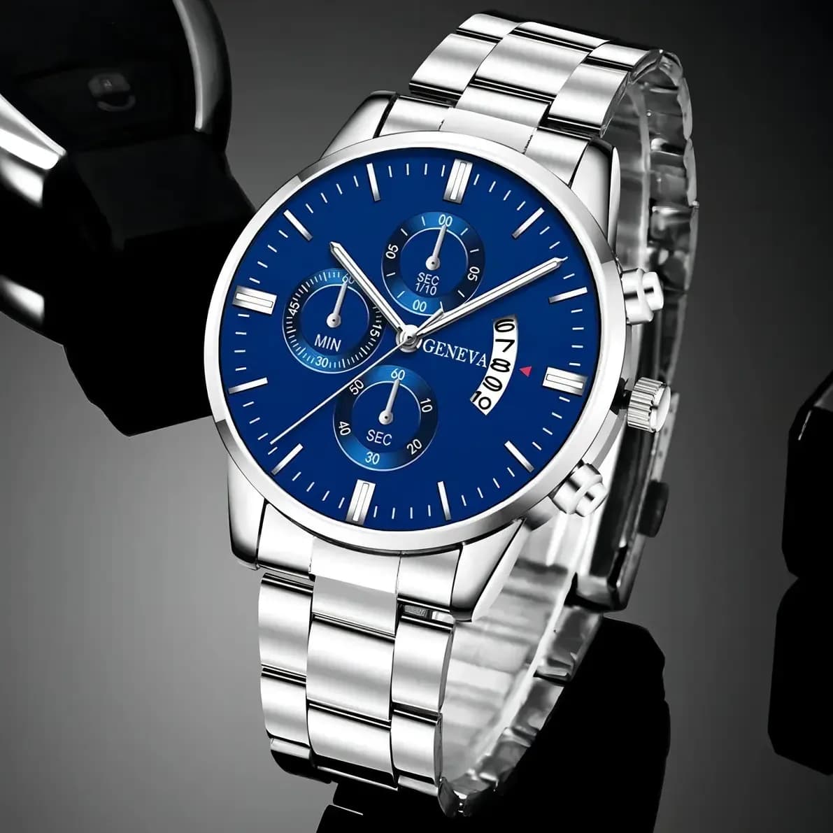 Relógio Masculino Aço Inox Quartz Minimalista Prova D'água Correia Prata Bisel Prata Fundo Azul