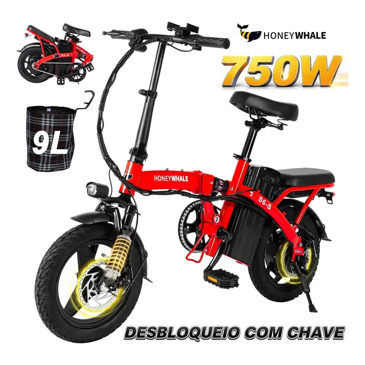 Honeywhale S6-s Bicicleta Elétrica Adulto, 750w-40km-35km/h-125kg, Scooter-ebike-velocidade-autonomia-carga-fat-de-dobrável, Bike Com Sistema De Freios A Disco, Faróis Dianteiros, Vermelho