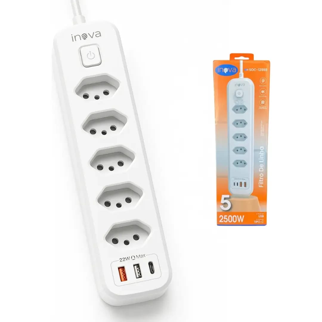 Filtro de Linha Inova 5 Tomadas 2 USB-A + 2 USB Tipo-C 2m Bivolt Proteção Sobrecarga